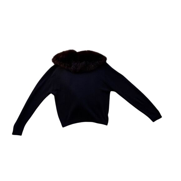 Vintage Orlon Black Cardigan M Fur Collar Rhinestone - Picture 6 of 8